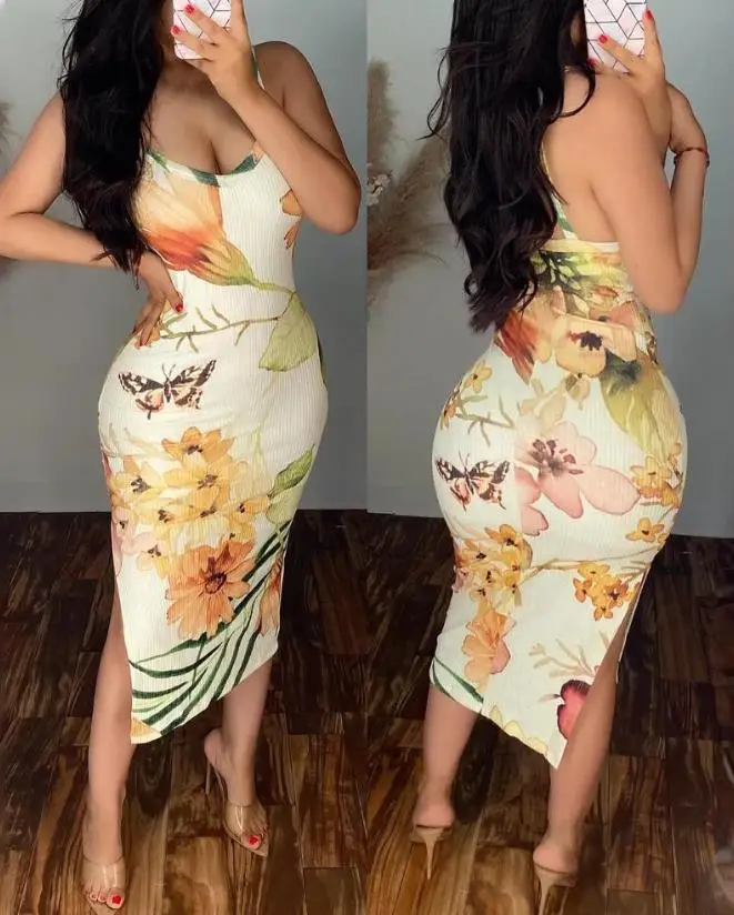 

Женское платье 2023 Модное Новое сексуальное облегающее платье на бретелях с цветочным принтом бабочки и разрезом на подоле платья