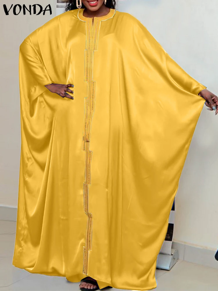 

Women Summer Dress 2023 VONDA Bohemian Printed Long Sleeve Satin Party Long Dress Vintage Women Printed Casual Robe Oversize