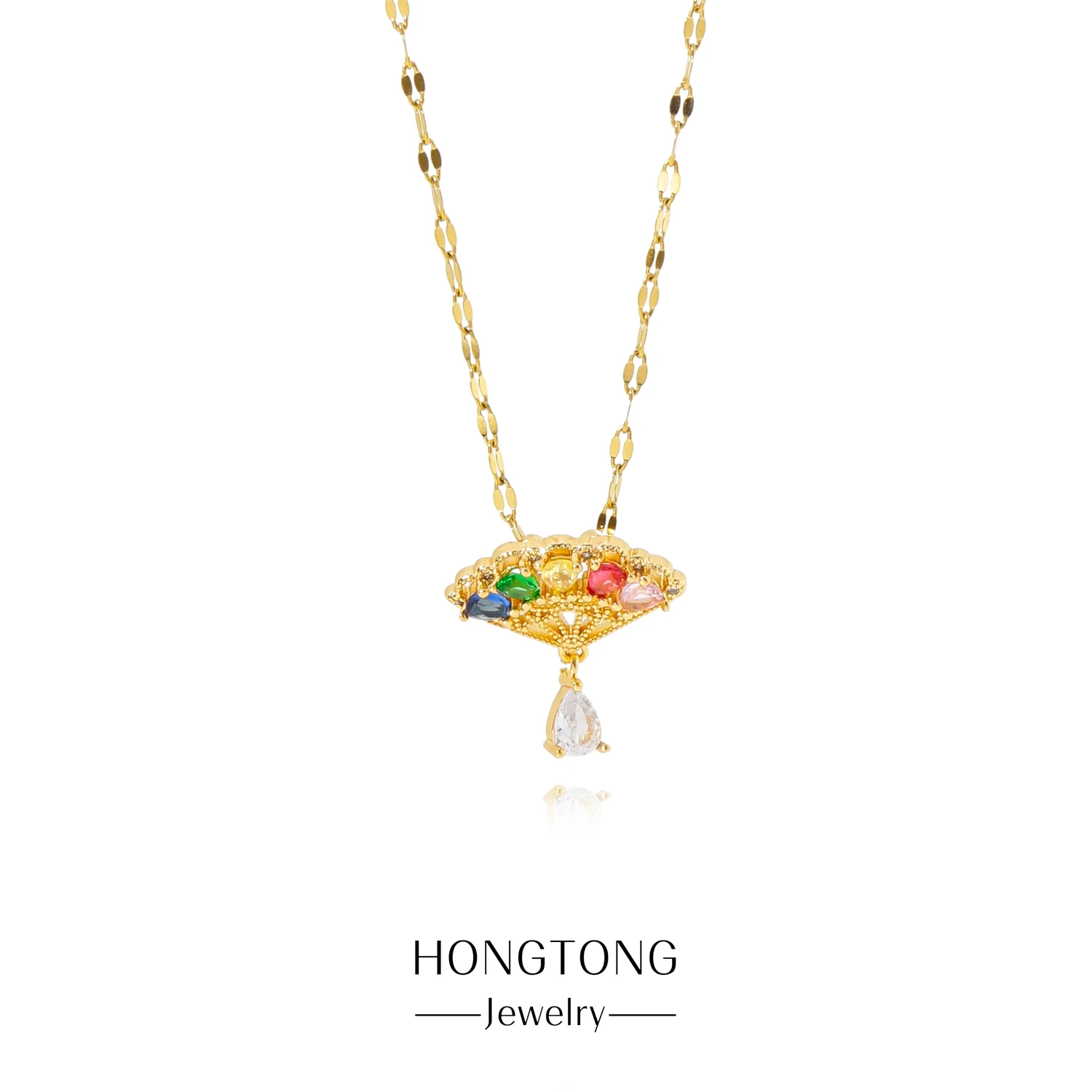 

HONGTONG Colorful Fan Necklace Female Light Luxury Niche Design Stainless Steel Collarbone Chain Birthday Gift To Girlfriend