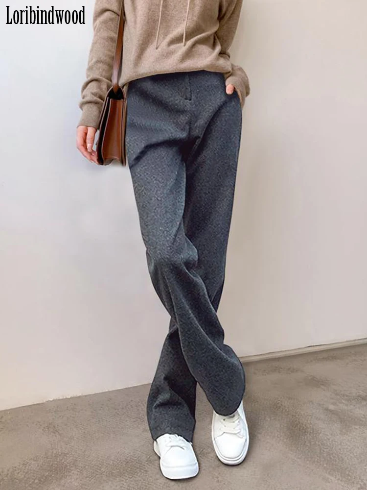 Women's Autumn and Winter Black Pants Slimming Spring and Autumn Thick Wide Leg Style High Waist Straight Tube Wool Trousers