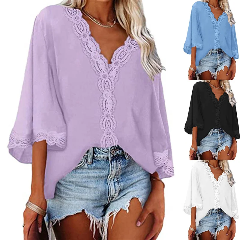 

Solid V-neck Lace Patchwork Flare Three Quarter Sleeve Loose Casual Shirt Women Clothing Pullover Blouses Tops 2022 Summer New