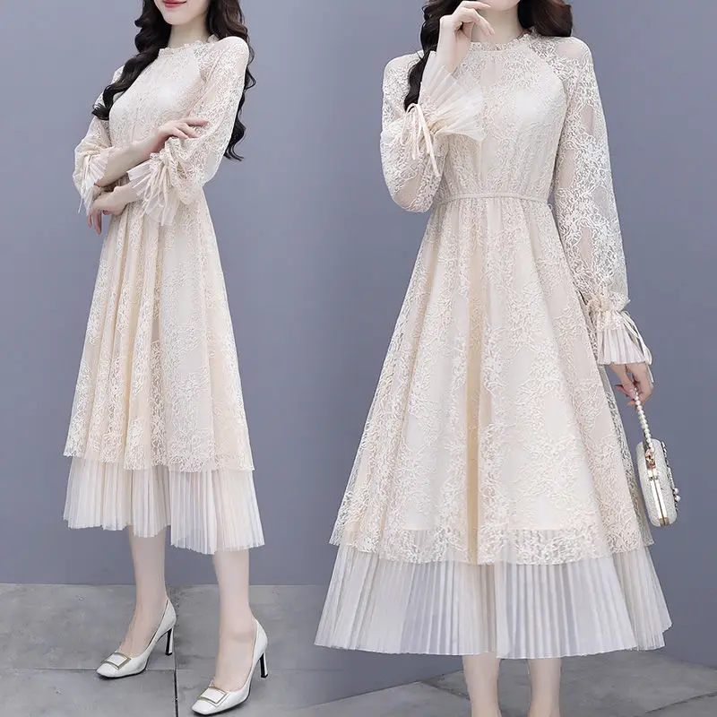 

Elegant Women Lace Dress Robe Sweet Hollow Out Slim Full Sleeve Midi Long Dresses 2022 New Fashion Spring Party Vestidos E318