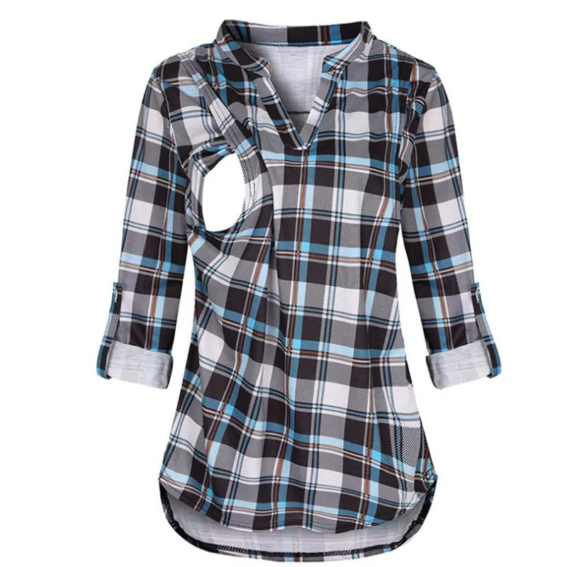 

Топ для грудного вскармливания; Новинка 2023 года; Сезон весна; Клетчатая футболка с v-образным вырезом; Одежда для беременных; B0168