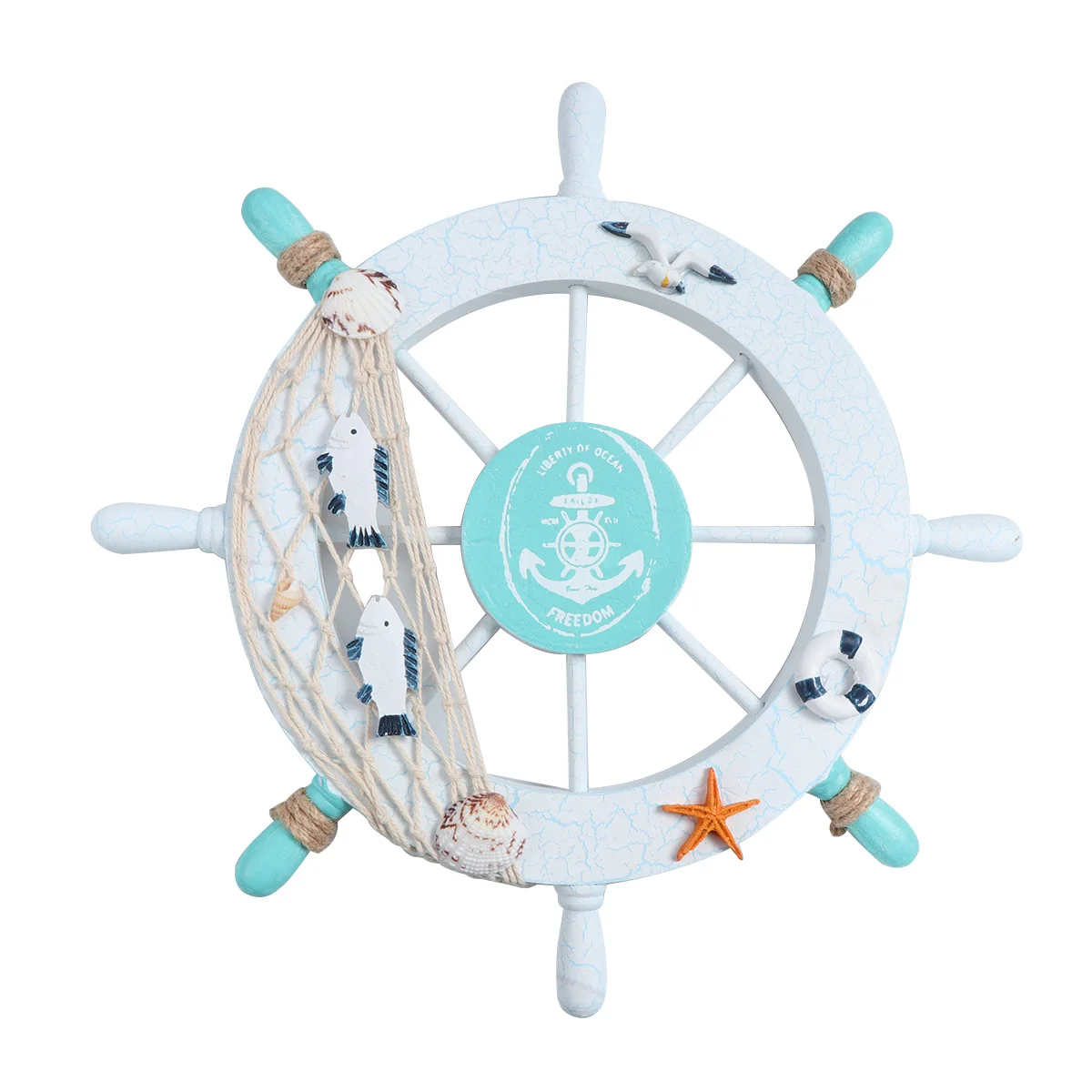 

Mediterranean Style Rowing Decoration Ornaments Nautical Beach Wheel Fishing Nets Ship Steering Wooden Boat Home