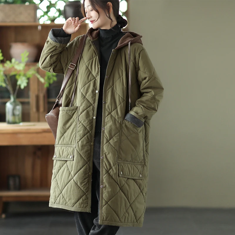 New Cotton Coats Famale Clothing Thicken Diamond Lattice Hooded Quilted Winter Jacket Women 2022 Solid Loose Long Padded Parkas