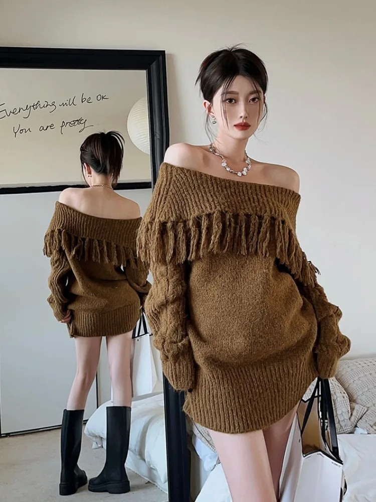 Fashion Tassels Slash-neck Full Sleeve Knitted Sweater Women Elastic Knitted Pullovers Femme 2023 Sexy Off-shoulder Jumper