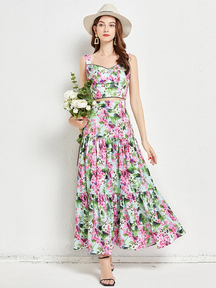 

Fashion Runway Summer Skirts Suit Women Short Spaghetti Strap Crop Top＋Boho Floral Vacation Long Maxi Skirts 2 Pieces Set N430
