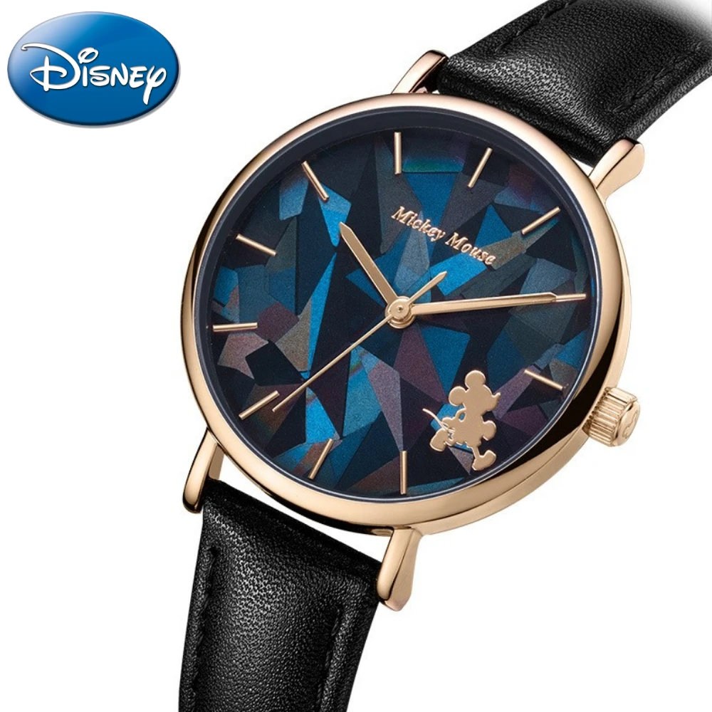 Disney Gift Mickey Quartz Watch With Box Girls Student Geometric Section Glass Diamond Faceted Waterproof Relogio Feminino