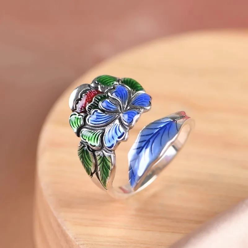 

Женское Открытое кольцо LongLongjinsu S925 в этническом стиле, кольцо с цветком пиона из перегородчатой эмали в ретро-стиле, Женское кольцо