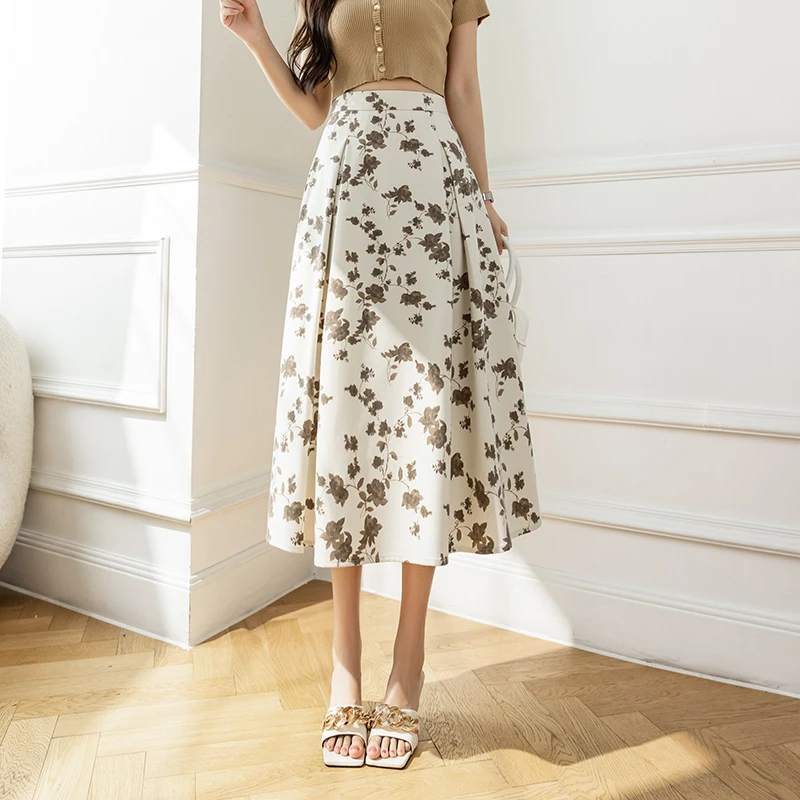 

Женская плиссированная юбка с высокой талией, элегантная повседневная юбка миди в офисном стиле с цветочным принтом, 610b, лето-осень
