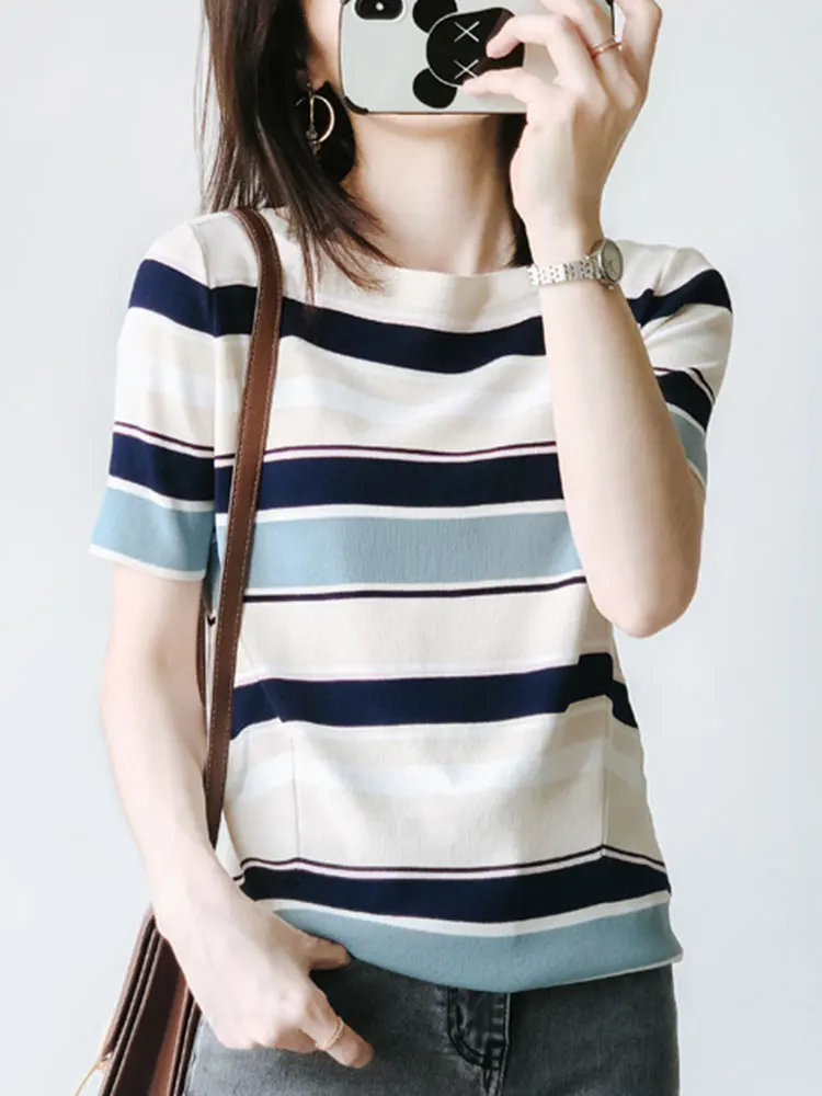 

Tops Women 2022 Summer Striped Knitted T-shirts Short Sleeve Slash Neck Korean Fashion Women's Vintage Clothes T shirts Female