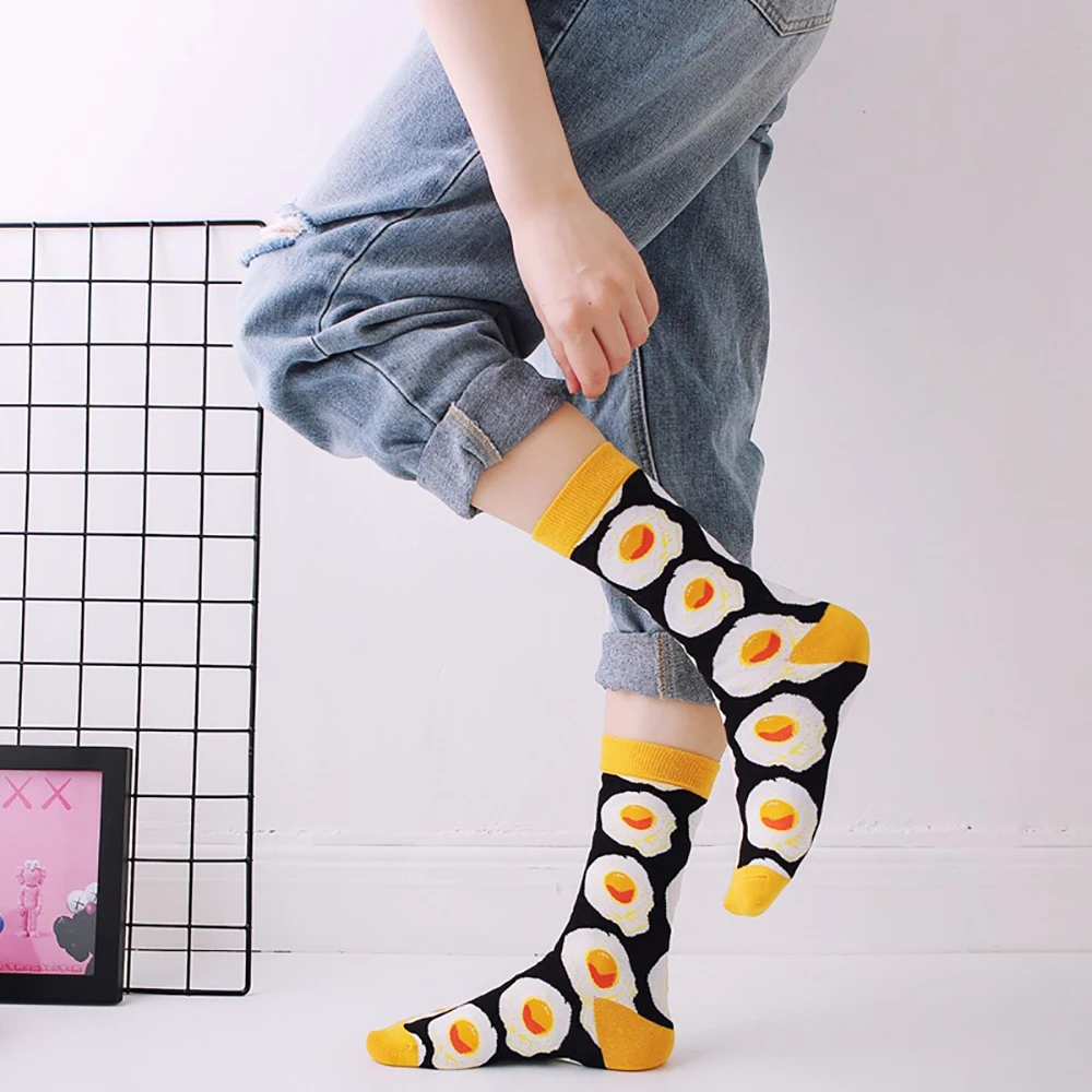 

Модные хлопковые носки унисекс для мужчин и женщин, носки в стиле Харадзюку с изображением мультяшных яиц, печенья, повседневные носки для с...