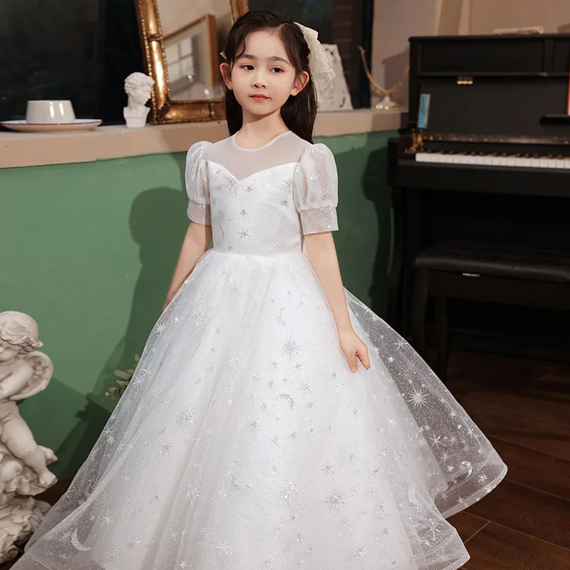 White Princess Luxury Dress Girls Dress Summer New Foreign Style Puffy Yarn Children'S Small Host Walk Show Piano Performance Cl