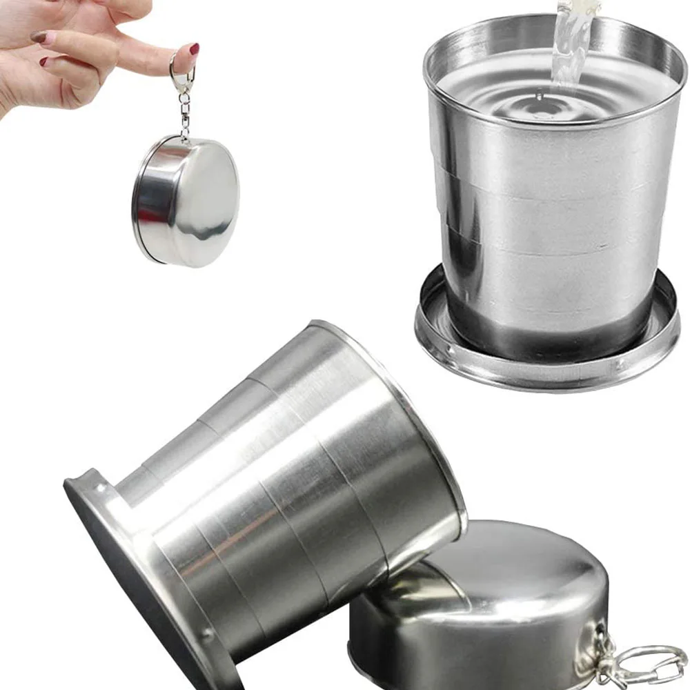 

Stainless Steel Camping Folding Cup, Reusable Mug Portable Outdoor Travel Demountable Collapsible Cup with Keychain
