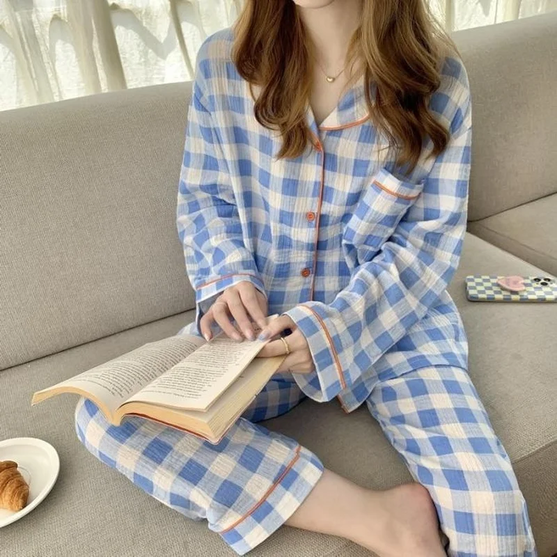 QWEEK Cotton Women's Nightwear Korean Sleepwear Plaid Pajamas Female Set Woman 2 Piece Pijama Long Sleeve Pyjamas Home Suit Pjs