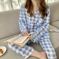 qweek cotton womens nightwear korean sleepwear plaid pajamas female set woman 2 piece pijama long sleeve pyjamas home suit pjs