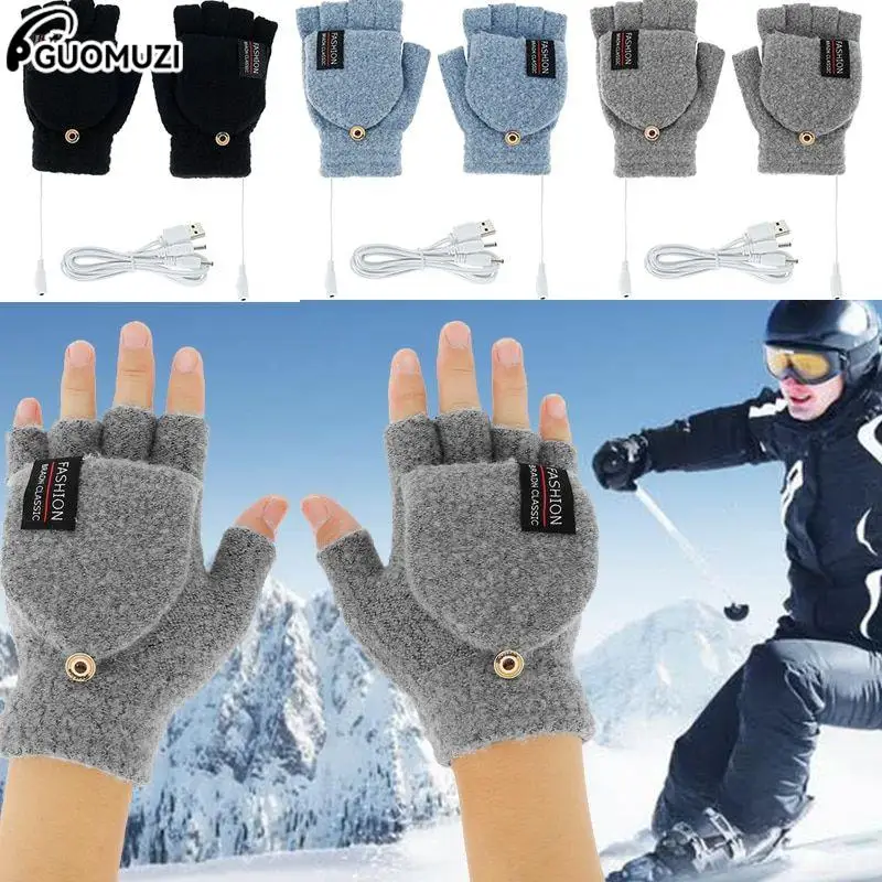 

USB Electric Heated Gloves 2-Side Heating Convertible Fingerless Glove Knitted Mittens Adjustable Heat Waterproof Cycling Skiing