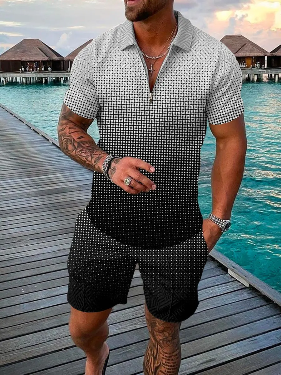 

Foreign Trade Digital Printing Men's Summer Two Piece Fashion Casual Polo Short Sleeve Shirt and Shorts Men's 2022 Trendy Street