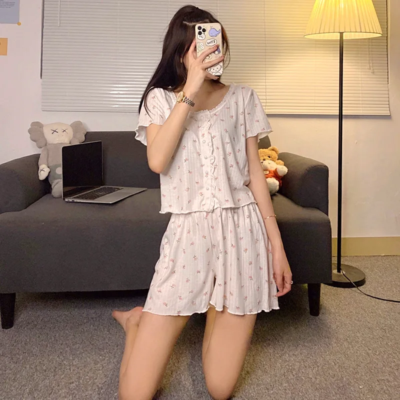 Pajamas for Women's Summer Pure Cotton Thin Section Short-sleeved Shorts Floral Sweet Style Home Service Suit Casual Sleepwear