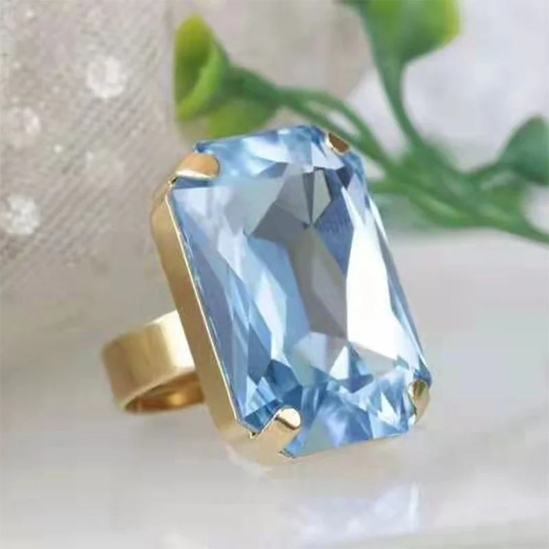 

Elegant Big Blue Faceted Rectangle Crystal Open Adjustable Ring with Rhinestone Zircon for Women Party Wedding Jewelry