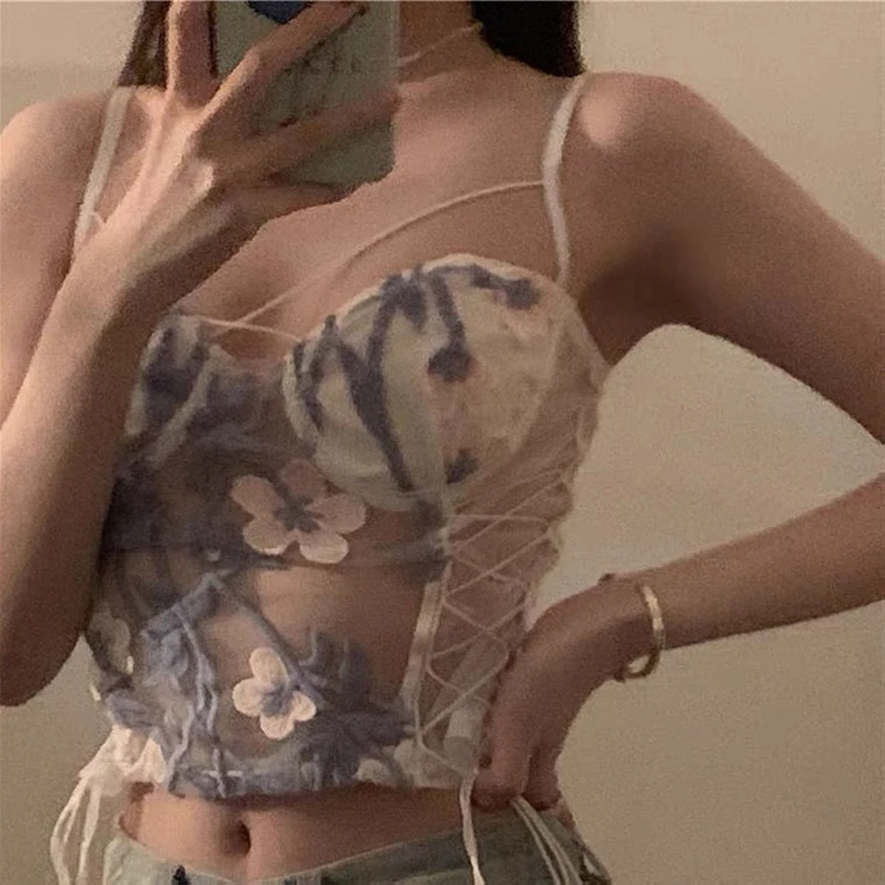 

2021 Fashion Summer Thin Strap Top Sexy Crop Top Women's Tube Top Flower Embroidery Lace Up Mesh Sleeveless White Basic Shirt