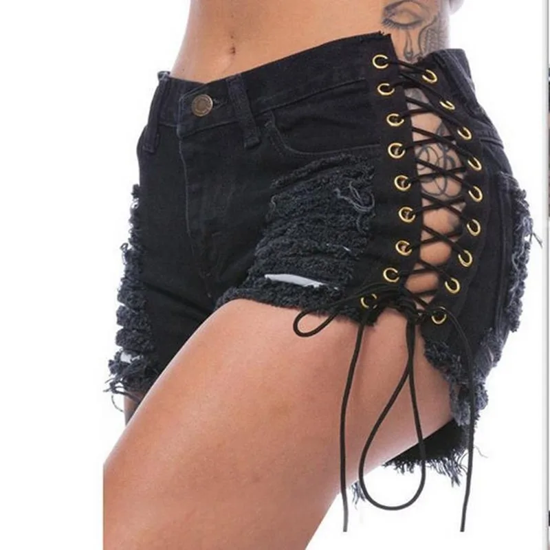 Black Denim Shorts Women Lace Up Casual Pocket Jeans Shorts 2023 Plus Size Summer Sexy Ripped Hole Fringe Gothic Bandage Jeans