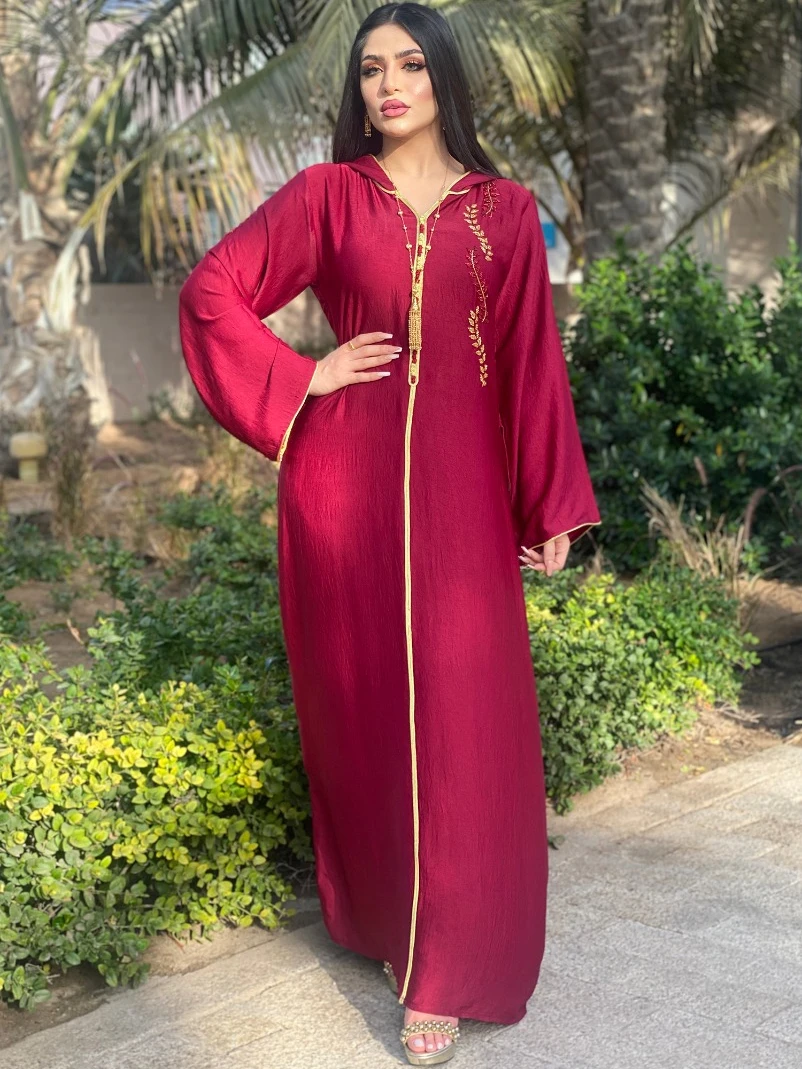 

Hooded Muslim Abaya Dress for Women Middle East Islamic Dubai Moroccan Caftan Gold Ribbon Embroidery Caftan Red Gown Robe Abayas