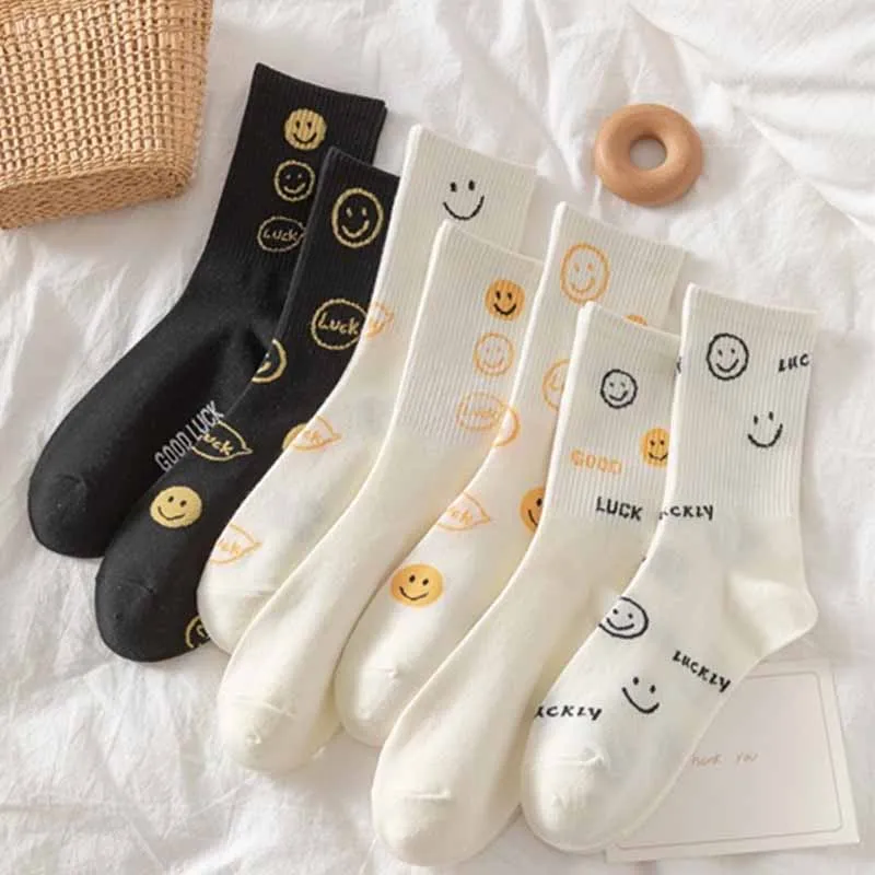 

Woman Socks Korean Personality Street Smiley Socks Women's Middle Tube Socks College Style Ins Cute Cartoon Cotton Socks