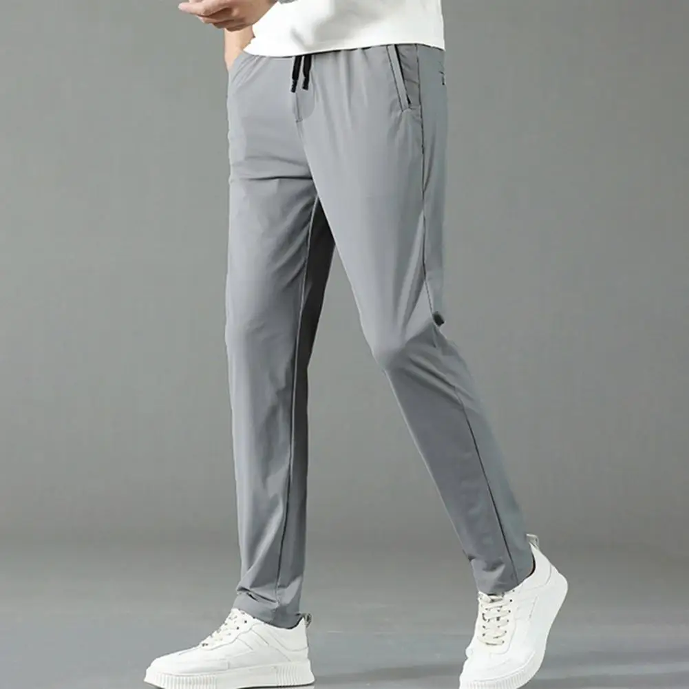 

Men Pants Solid Color Drawstring Summer Quick Dry Ice Silk Trousers Streetwear