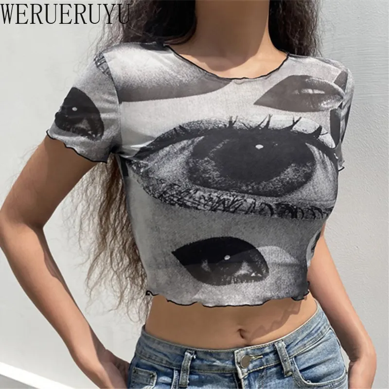 

New Summer Eye Graphic T Shirts Sexy Crop Top Women Clothes 2022 Korean Fashion Black Aesthetic Short Sleeve Tee Female Clothing