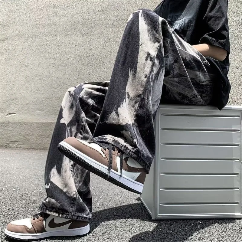 Tie Dye Black Jeans Men's Fashion Retro Casual Straight Jeans Men Japanese Streetwear Hip Hop Loose Denim Pants Mens Trousers