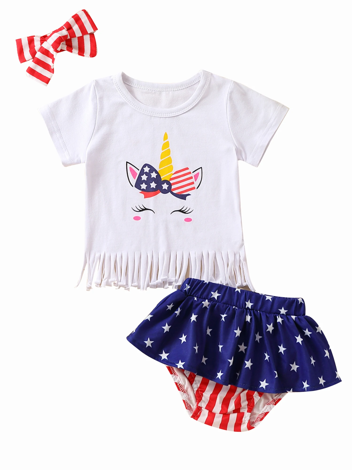 

Наряды на День независимости для маленьких девочек, футболка с коротким рукавом, комбинезон, длинные расклешенные треугольные брюки в полоску со звездами, повязка на голову с бантом