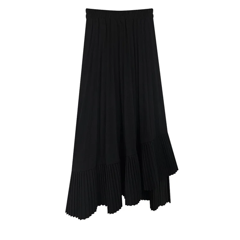 Vintage Irregular Pleated Skirt Women Ruffles Lining Patchwork Casual Long Skirts Trumpet Saias Mujer Faldas Hem Long Skirt