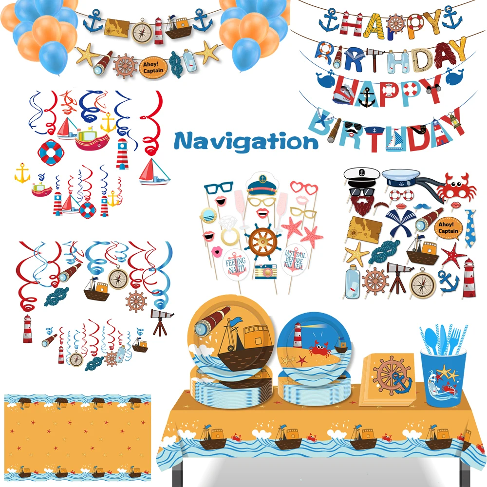 

Nautical Theme Tableware Set Kids Birthday Party Decor Marine Sail Paper Plates Cup Tablecloths Gift Bag Sailboat Party Supplies