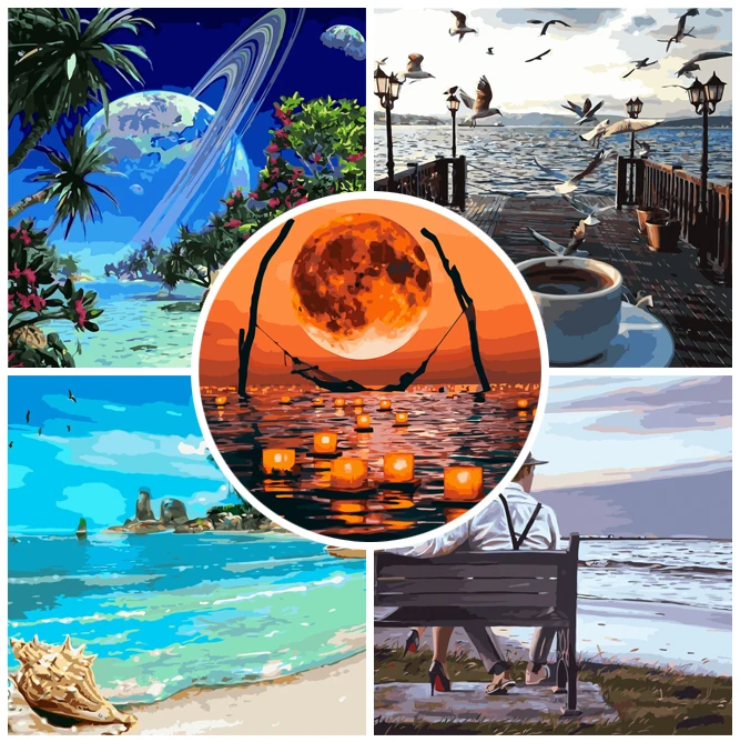 

DIY Painting By Numbers Sea View Beach HandPainted Oil Painting Drawing On Canvas Kill Time Unique Gift Home Decoration