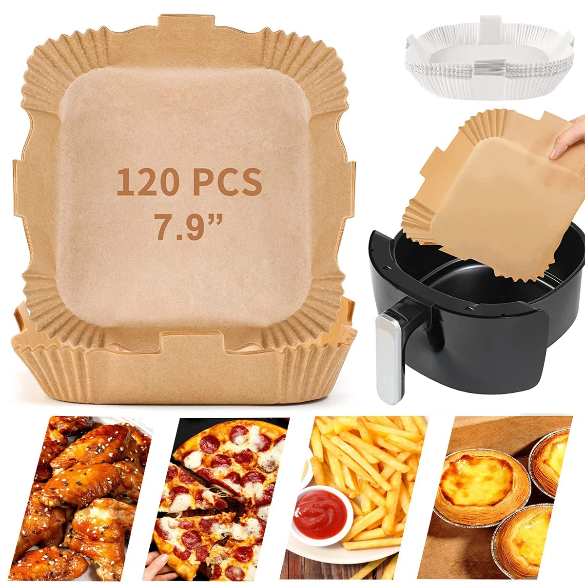 

120Pcs Air Fryer Disposable Baking Paper Liner Form Tray Non-stick Grill Parchment Paper with Handle Air Fryer Kitchen Supplies