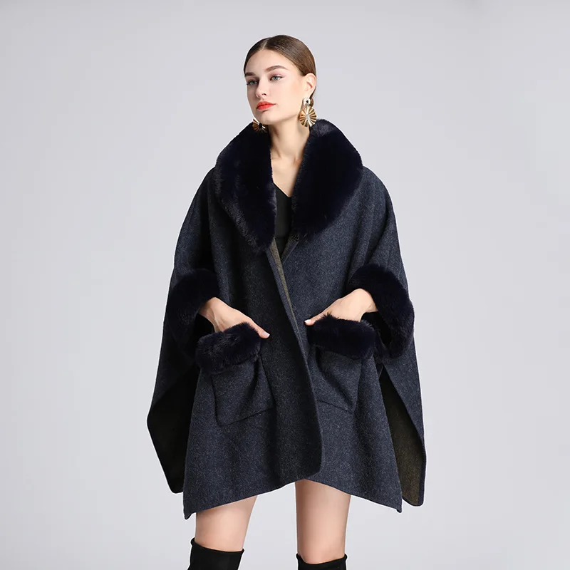 Winter New Women Woolen Coat Design Sense 7 Minutes Sleeves Large Pocket Fur Collar Shawl Cloak Plus Velvet Warm Large Size Coat