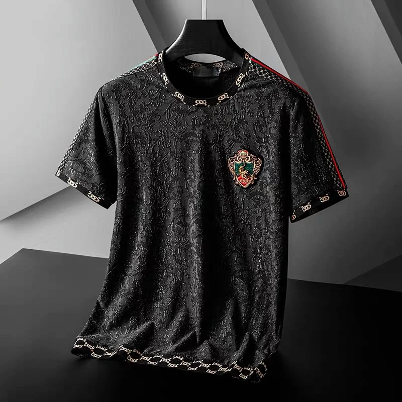 

Luxury high-end jacquard Casual Short Sleeve men's 2024 summer new loose large black half sleeve fashion embroidered top