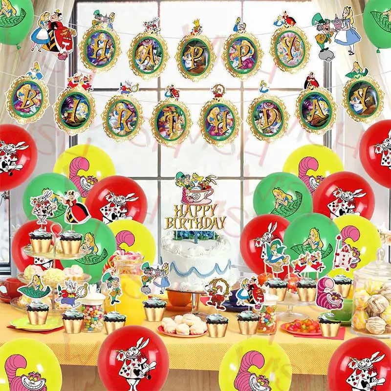 

Alice Through the Looking Glass Birthday Party Decoration Latex Balloon Banner Cake Topper Magic Baby Shower Decor Kids Supplies
