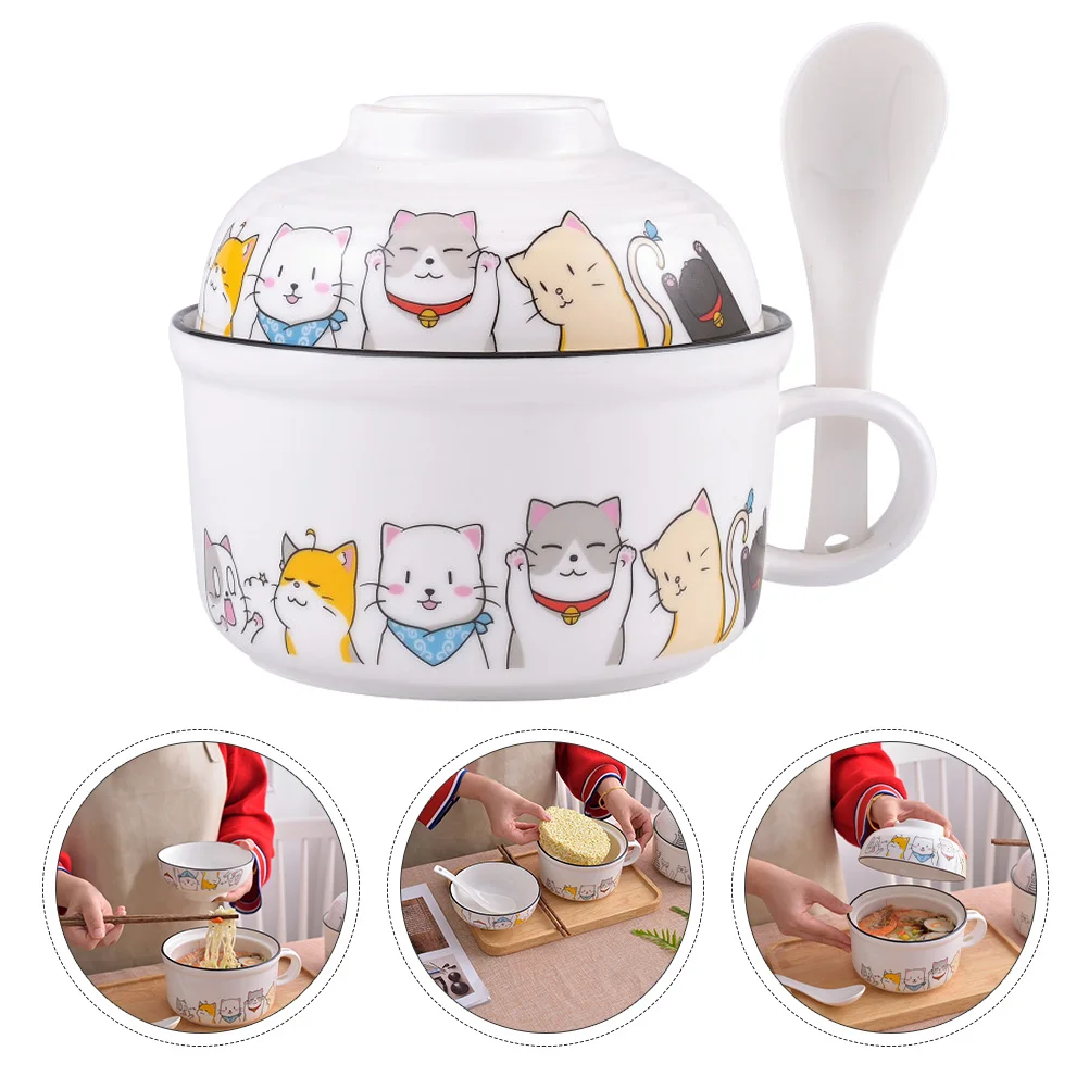

1 Set Soup Bowl with Lid Covered Noodle Bowl Pattern Minutes Noodle Bowl with Handle Salad Ramen Container for Home Kitchen