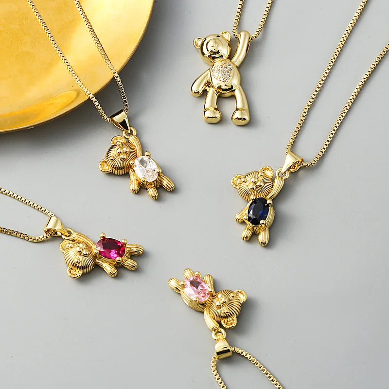 

Vintage Brass 16K Gold-plated Micro-inlaid Zircon Jewelry Bear Pendant Chain Necklace For Women Girls Friendship Gift Wholesale