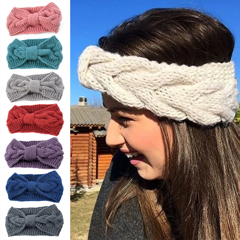 

Bow Twist Wide Hairbands Knitted Women Headband Fashion Solid Color Elastic Yoga Turban Headwrap Winter Warm Hair Accessories