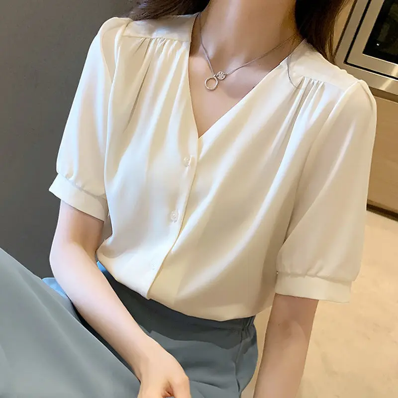 Top Chiffon Shirt Women's Summer V-neck Korean Loose Short Sleeve Chiffon  Shirt - купить по выгодной цене | AliExpress