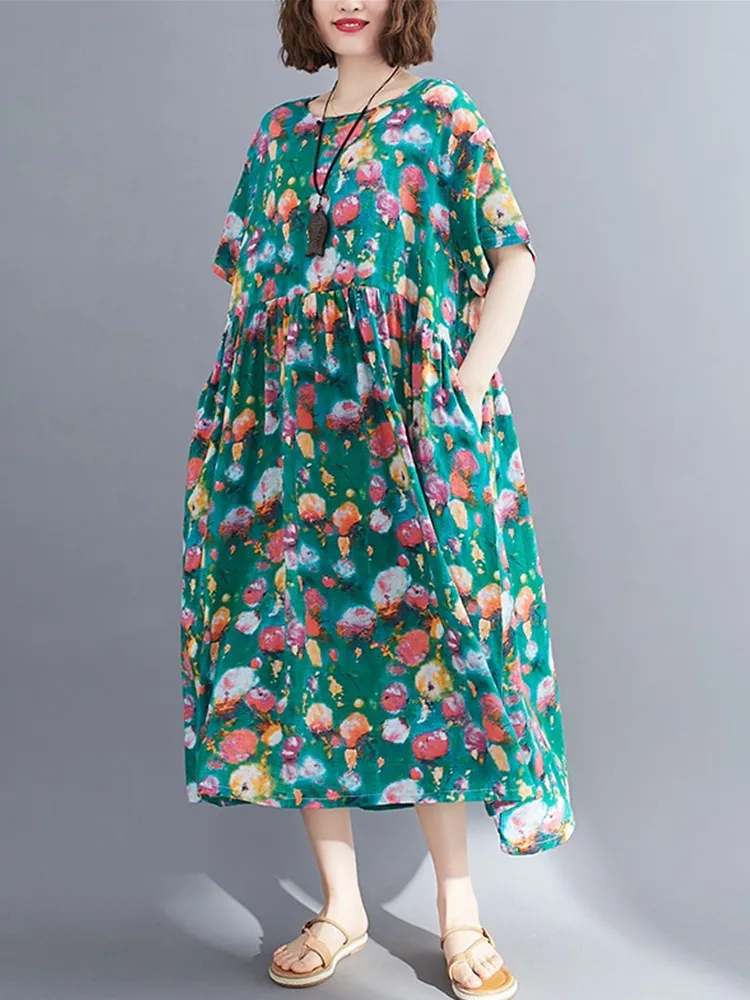 

short sleeve oversize cotton vintage floral new in dresses for women casual loose long woman summer dress elegant clothing 2023