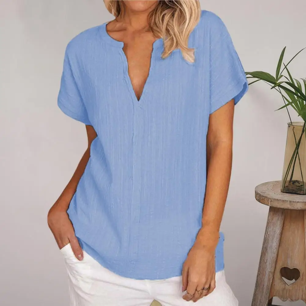 

Женская рубашка с V-образным вырезом, свободная тонкая летняя рубашка, однотонный пуловер, топ, пуловер с коротким рукавом, блузка, женская о...