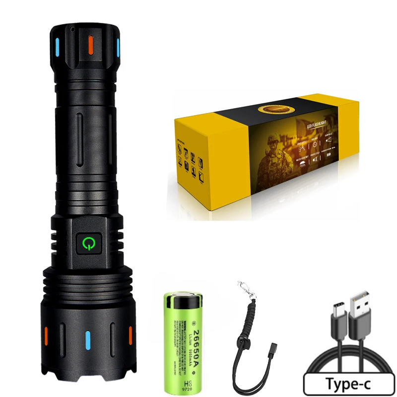 

Мощный тактический светодиодный фонарик Тип C, перезаряжаемый фонарь для кемпинга, охоты, водонепроницаемый ручной фонарь