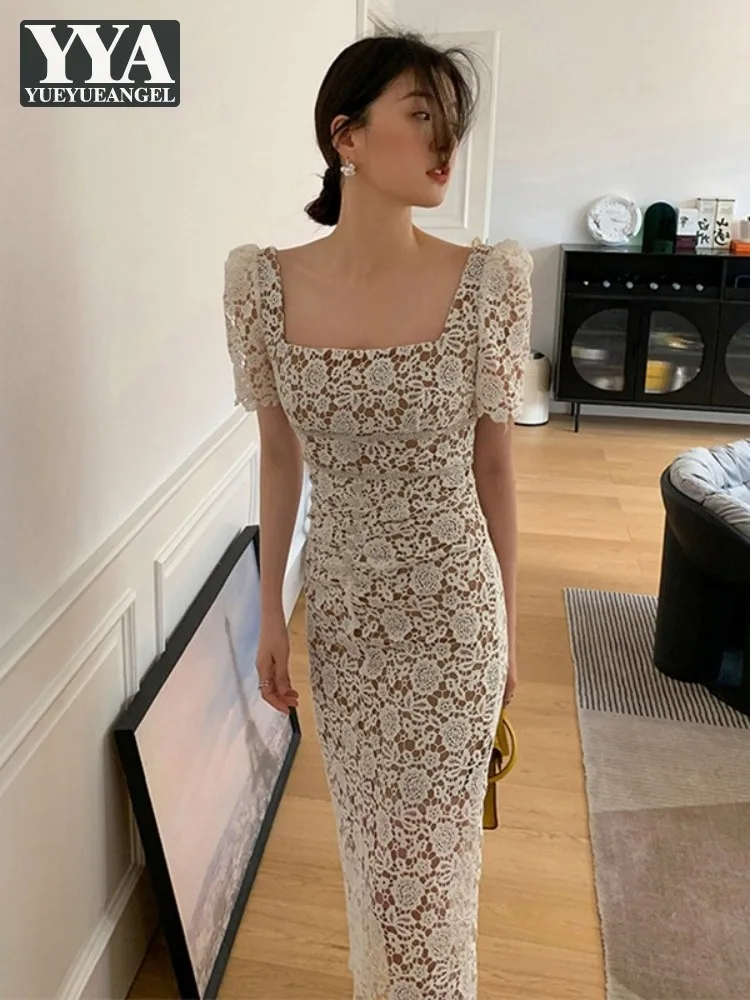 

Женское кружевное платье с коротким рукавом, длинное ажурное платье с квадратным вырезом и высокой талией, приталенное винтажное платье с вышивкой, лето