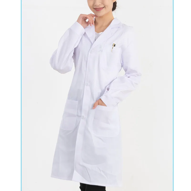 Women Men Unisex Long Sleeve White Lab Coat Notched Lapel Collar Button Down Medical Nurse Doctor Uniform Tunic Blouse