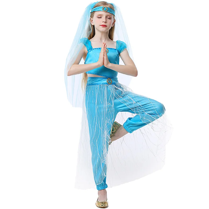 

Children Girls Fairy Tales The Arabian Nights Princess Belly Dance Top Pants Hat Set Halloween Cosplay Costumes Role Play Outfit
