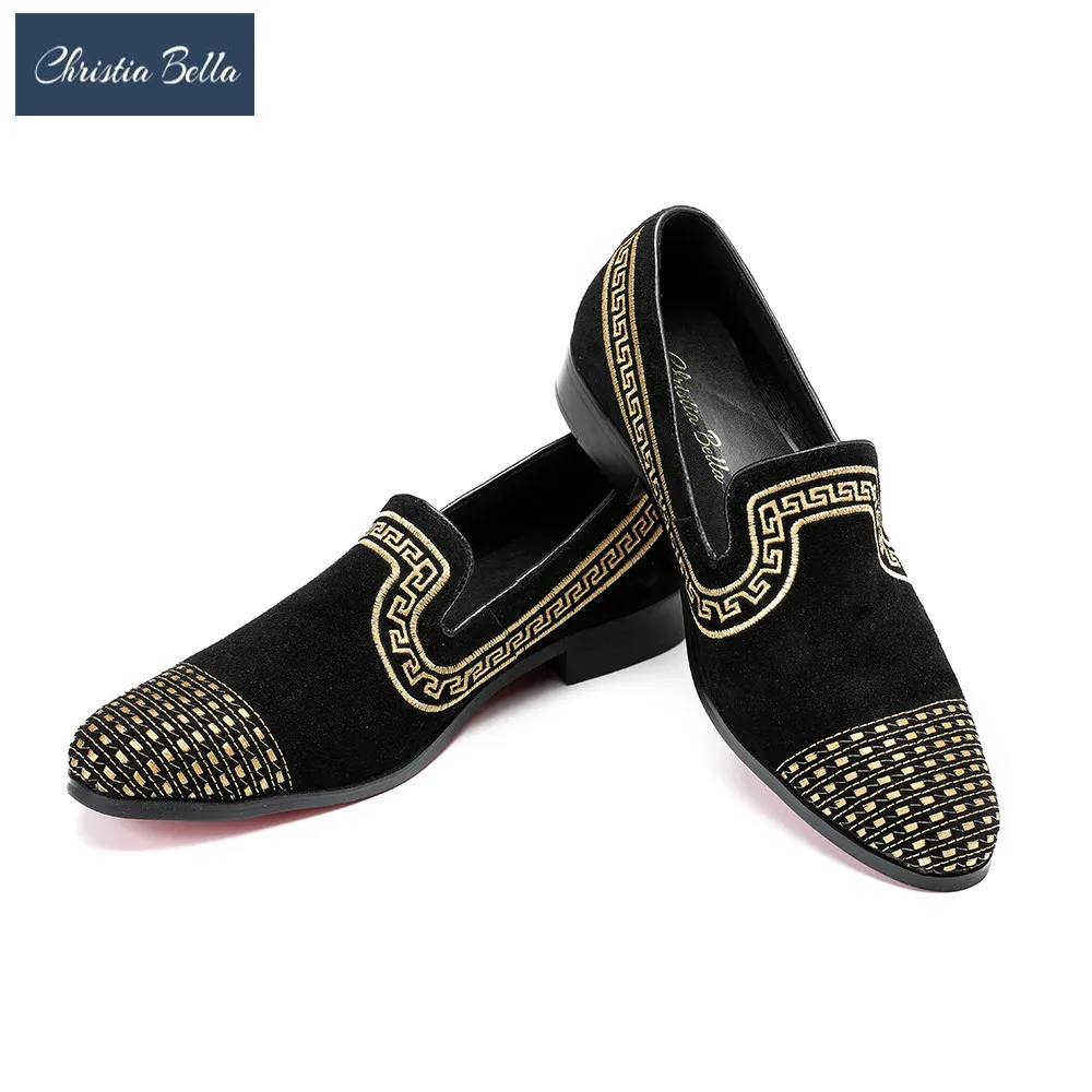 

Christia Bella Embroidered Genuine Leather Men Black Party Loafers Big Size Men Casual Flat Shoes Smoking Slippers Shoes for Men